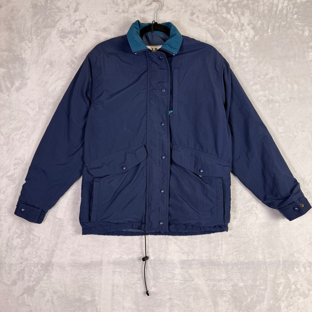 LL Bean Field Jacket Womens L? Navy Blue Vintage Nylon Zip Snap Utility Coat